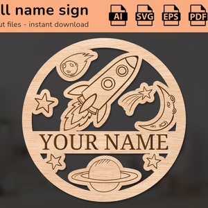Signo de nombre de galaxia aeroespacial de cohetes | decoración de interiores | diseño cortado con láser | para niños | Ai, EPS, PDF, DXF
