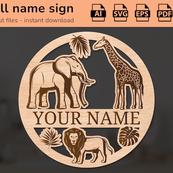 Wild animals safari name sign | decor | laser cut design | kids | AI, EPS, PDF, DXF
