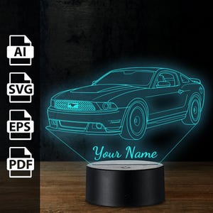 mustang amerikanischen Muskelauto personalisierte 3D-Lampe Acryl-LED-Licht | Laserschnittdateien ai, eps, pdf, svg