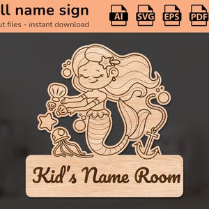 Signo de nombre de vida marina de sirena | decoración de interiores | diseño cortado con láser | para niños | Ai, EPS, PDF, DXF