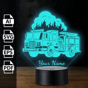 Feuerwehrauto Feuerwehrmann personalisierte 3D-Lampe Acryl-LED-Licht | Laserschnittdateien ai, eps, pdf, svg
