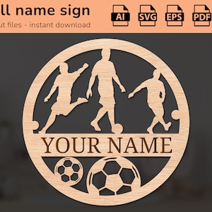 Signo de nombre de pared de guardería de jugadores de fútbol | decoración de interiores | diseño cortado con láser | para niños | Ai, EPS, PDF, DXF