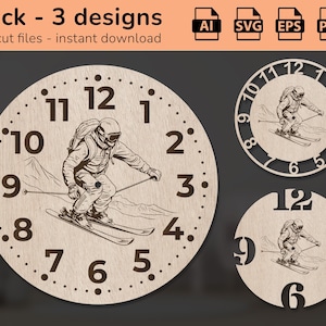 May include: Three laser cut clock designs featuring a skier in a winter scene. The clocks are round and made of wood. The numbers are black and the skier is outlined in black.