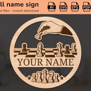 Piezas de juego de ajedrez tablero de mesa tema vivero pared nombre signo | decoración de interiores | diseño cortado con láser | para niños | Ai, EPS, PDF, DXF