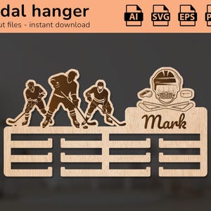 Eishockey Medaillenhalter Aufhänger Wandauszeichnung Namensschild | Innendekor | Lasercut Design | für Kinder | Ai, EPS, PDF
