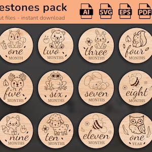 Animaux des bois Forêt-12 Jalons mensuels de bébé dessinés à la main SVG | Fixé de quelques mois à un an | Fichier de coupe numérique | Marqueurs photo Glowforge