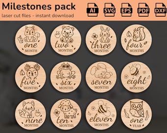 Woodland Animals Forest-12 Hand Drawn Monthly Baby Milestones SVG | Set from months to one year | Digital Cut File | Glowforge photo markers