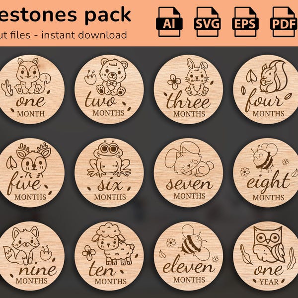 Woodland Animals Forest-12 Hand Drawn Monthly Baby Milestones SVG | Set from months to one year | Digital Cut File | Glowforge photo markers