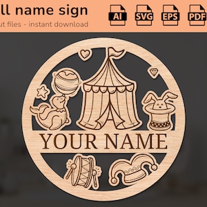 Targa con nome da parete per vivaio del circo | arredamento d'interni | disegno tagliato al laser | per bambini | Ai, EPS, PDF, DXF