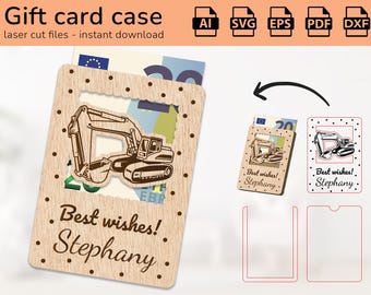 Personalized excavator construction case gift card holder money | name sign | laser ready-cut design | Ai, EPS, PDF, DXF, Svg