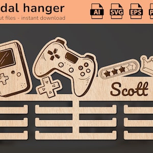 Soporte para medallas para juegos, gamepad, colgador de pared para premios, letrero con nombre, decoración de interiores, diseño cortado con láser, para niños, Ai, EPS, PDF