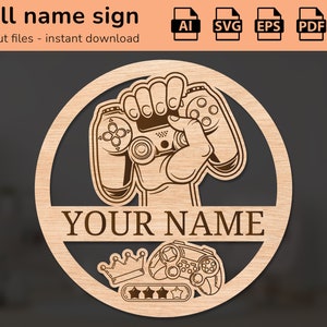 Gamepad in mano Insegna del nome del giocatore di videogiochi | arredamento d'interni | disegno tagliato al laser | per bambini | Ai, EPS, PDF, DXF