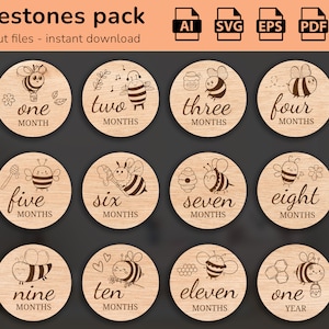 Abejas - 12 hitos mensuales del bebé dibujados a mano SVG | Establecido de meses a un año | Archivo de corte digital ? Marcadores fotográficos Glowforge