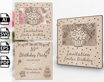 May include: A set of three laser cut wooden invitations for a 10th birthday party. The invitations feature a cupcake with hearts and the text "Invitation Emily's Birthday" and "10th Birthday Party 20.08.2024 Please join Us to celebrate".