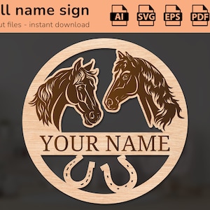 Segno del nome a ferro di cavallo dei cavalli del cavallo | arredamento d'interni | disegno tagliato al laser | per bambini | Ai, EPS, PDF, DXF