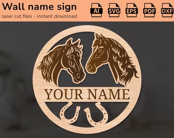 Horse horses horseshoe name sign | interior decor | laser cut design | for kids | Ai, EPS, PDF, DXF