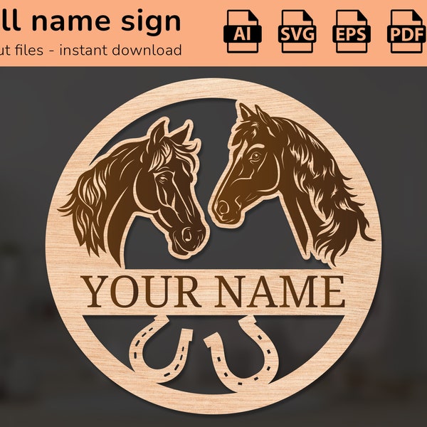 Horse horses horseshoe name sign | interior decor | laser cut design | for kids | Ai, EPS, PDF, DXF