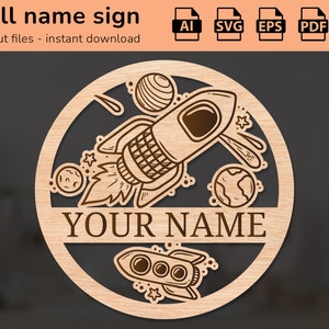 Ruimteraket ruimtevaartstelsel naambord | interieurdecoratie | lasergesneden ontwerp | voor kinderen | Ai, EPS, PDF, DXF