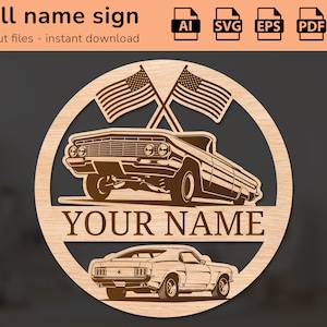 May include: A laser cut wooden wall sign featuring two vintage cars and two American flags. The sign has a space for a name, "YOUR NAME", to be added.