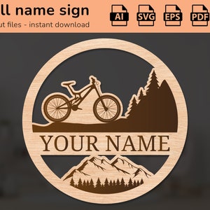 Targa con nome da parete per asilo per mountain bike da discesa | arredamento d'interni | disegno tagliato al laser | per bambini | Ai, EPS, PDF, DXF