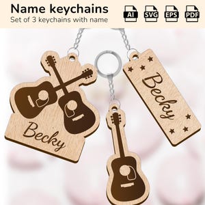 Gitaarsleutelhanger sleutelhanger bedel | gepersonaliseerd naambord | lasergesneden ontwerp glowforge | AI, EPS, pdf, SVG