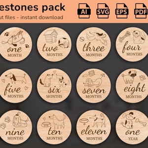 Chiens mignons - 12 jalons mensuels de bébé dessinés à la main SVG | Fixé de quelques mois à un an | Fichier de coupe numérique | Marqueurs photo Glowforge