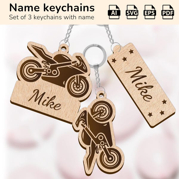 Motorbike keychain key ring charm | personalized name sign | laser cut design glowforge | Ai, EPS, PDF, SVG