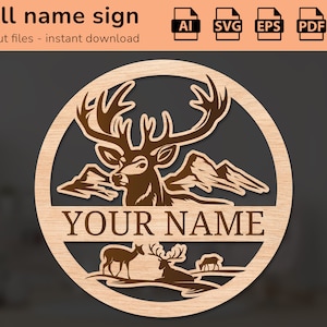 Simpatico cartello con il nome del cervo della foresta | arredamento interno | disegno tagliato al laser | per bambini | Ai, EPS, PDF, DXF