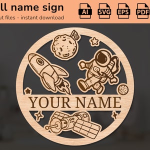 Rakete Luft- und Raumfahrt Galaxie Astronaut Namensschild | Innendekoration | Lasergeschnittenes Design | für Kinder | Ai, EPS, PDF, DXF