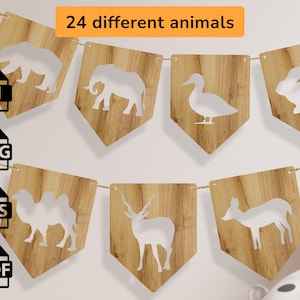 Lasergeschnittene Datei Tiergirlande aus Holz für Kinder SVG | pdf | ai | eps Abenteuer Dekor | Babyzimmer | Spielzimmer-Dekor | Wandkunst | Ornament