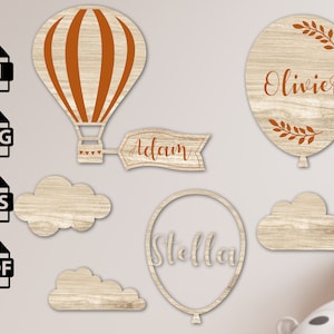 Nom personnalisé de montgolfière et de nuages - SVG Laser Cut File Baby Milestone Signe interchangeable | Décor d’aventure | Cadeaux de fête de naissance