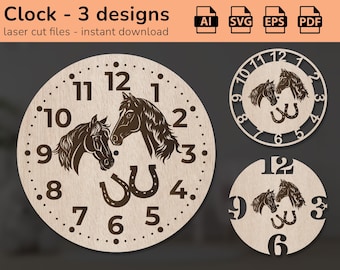Horse animals clock wall sign | interior decor | laser cut design | download | Ai, EPS, PDF, SVG