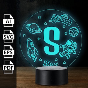 Kosmos Galaxie Astronaut Rakete Name personalisierte 3D Lampe Acryl LED Licht | Laserschnittdateien ai, eps, pdf, svg