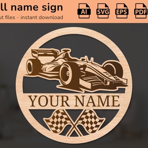 Formule Raceauto naambord voertuigen wegroute | interieurdecoratie | lasergesneden ontwerp | voor kinderen | Ai, EPS, PDF, DXF