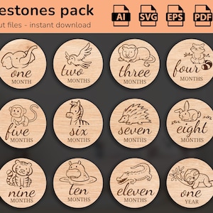 Safari Animals - 12 jalons mensuels de bébé dessinés à la main SVG | Fixé de quelques mois à un an | Fichier de coupe numérique | Marqueurs photo Glowforge