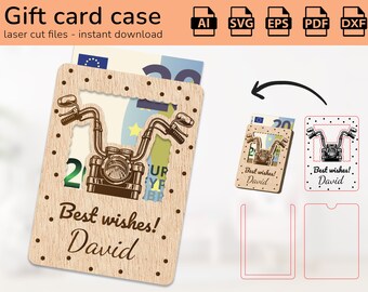 May include: A wooden gift card case with a motorcycle handlebar design and the text "Best wishes! David." The case is designed to hold a gift card or cash. The image also shows the laser cut files.
