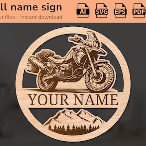 Targa con nome da parete per la scuola materna del motociclista Adventure Motorcycle | arredamento d'interni | disegno tagliato al laser | per bambini | Ai, EPS, PDF, DXF