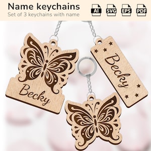 Porte-clés à breloques papillon | plaque nominative personnalisée | Forge luminescente découpée au laser | IA, EPS, PDF, SVG