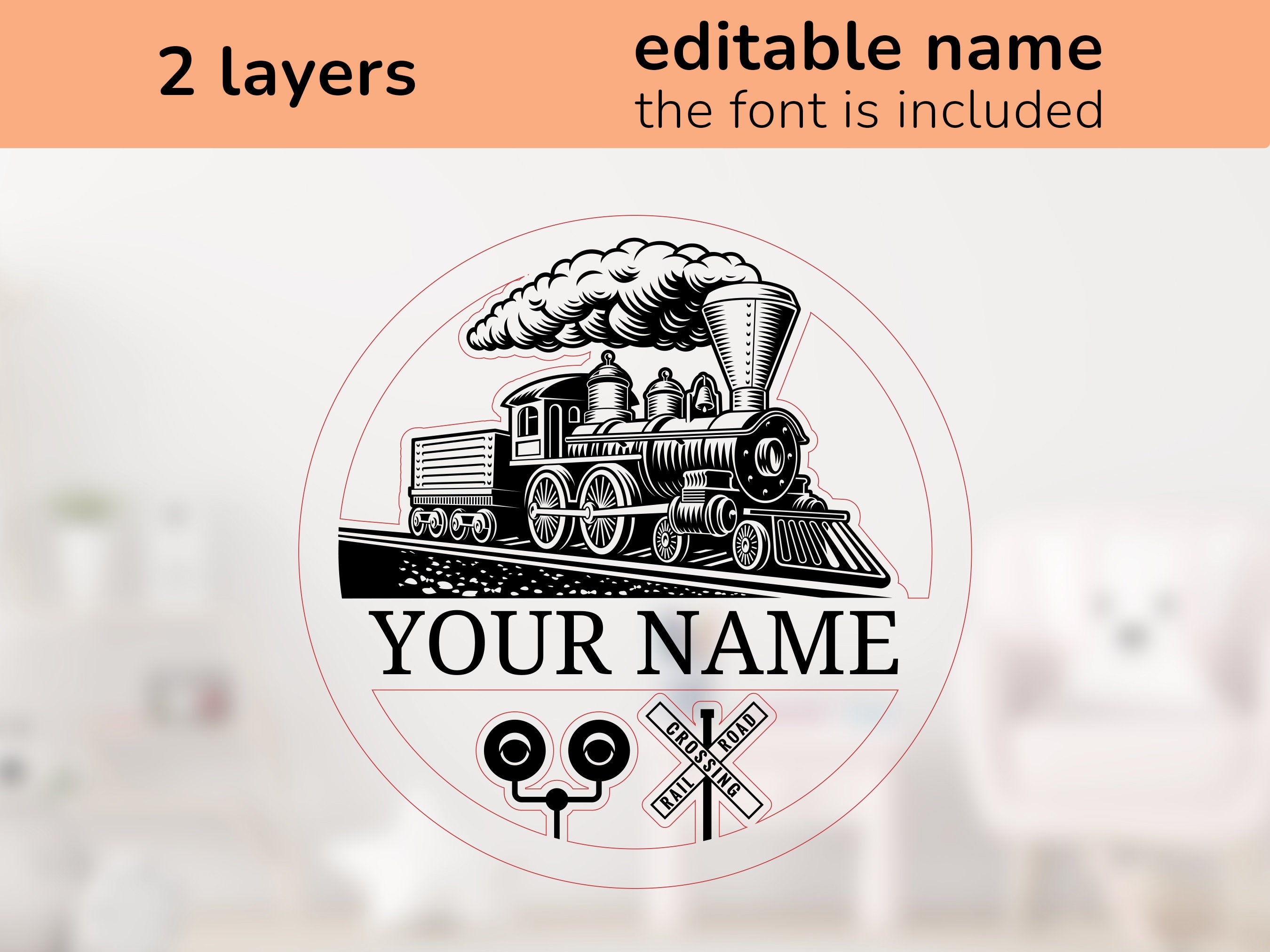 Train Railway Name Sign Interior Decor Laser Cut Design for Kids Ai