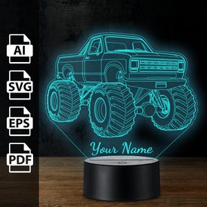 Monstertruck Auto personalisierte 3D Lampe Acryl LED Licht | Laserschnittdateien ai, eps, pdf, svg