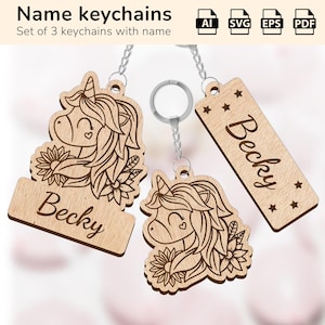 Porte-clés à breloques licorne | plaque nominative personnalisée | Forge luminescente découpée au laser | IA, EPS, PDF, SVG