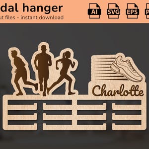 Porte-médaillon de sport de course à pied mural | décoration d'intérieur | design découpé au laser | pour les enfants | IA, EPS, PDF