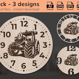 May include: Three different designs for a laser cut clock featuring a tractor. The clock face is round with Roman numerals and a tractor in the center. The tractor is brown and black. The clock face is on a light brown background.