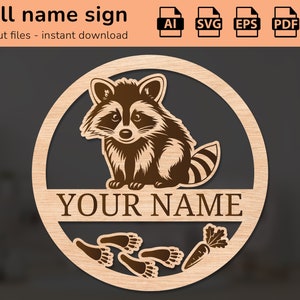 Simpatico cartello con il nome dell'animale procione | arredamento d'interni | disegno tagliato al laser | per bambini | Ai, EPS, PDF, DXF