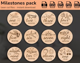 Airplanes aviation - 12 Hand Drawn Monthly Baby Milestones SVG | Set from months to one year | Digital Cut File | Glowforge photo markers