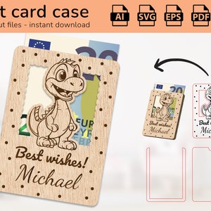 Mignon dinosaure cas carte-cadeau argent | signe de nom | conception découpée au laser | Ai, EPS, PDF, DXF, Svg