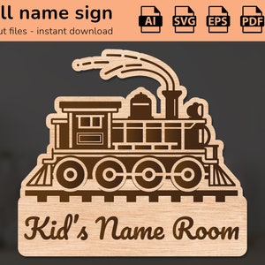 Tren locomotora signo con el nombre del ferrocarril | decoración de interiores | diseño cortado con láser | para niños | Ai, EPS, PDF, DXF