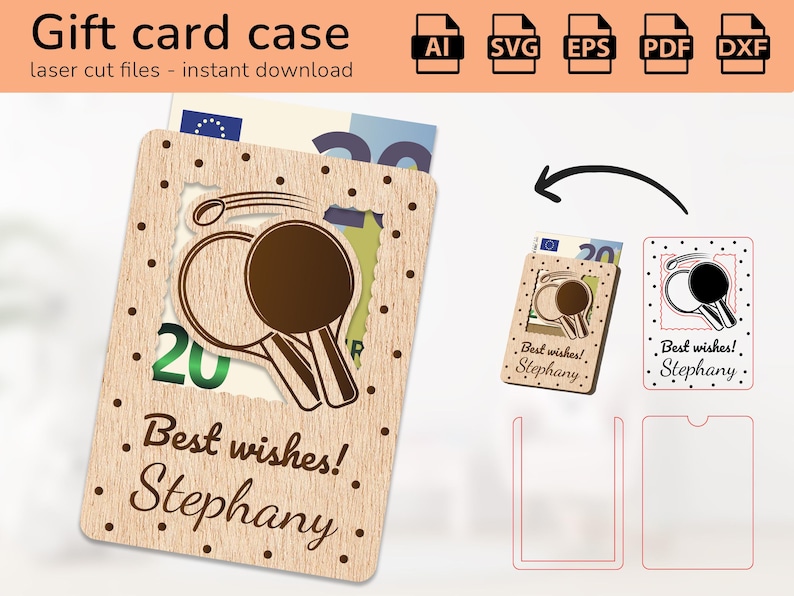 Pu&ograve; includere: Un porta biglietti regalo in legno con un design ritagliato di due racchette da ping pong. La custodia ha un motivo a pois e il testo "I migliori auguri! Stephany" &egrave; scritto sul davanti.