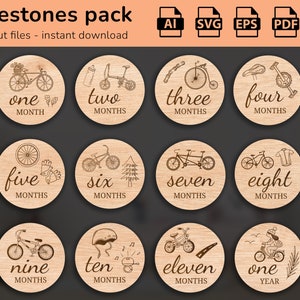 Vélos vélos - 12 jalons mensuels dessinés à la main pour bébé SVG | Fixé de quelques mois à un an | Fichier de coupe numérique | Marqueurs photo Glowforge