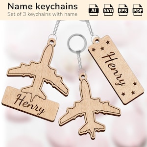 Flugzeug Reisen Schlüsselbund Charme | personalisiertes Namensschild | Laser geschnitten Design Glowforge | Ai, EPS, PDF, SVG